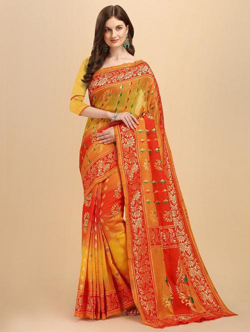 red cotton silk banarasi saree with blouse - 19914844 - Very Small Image - 1