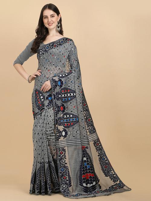 grey cotton silk banarasi saree with blouse - 19914856 - Very Small Image - 1