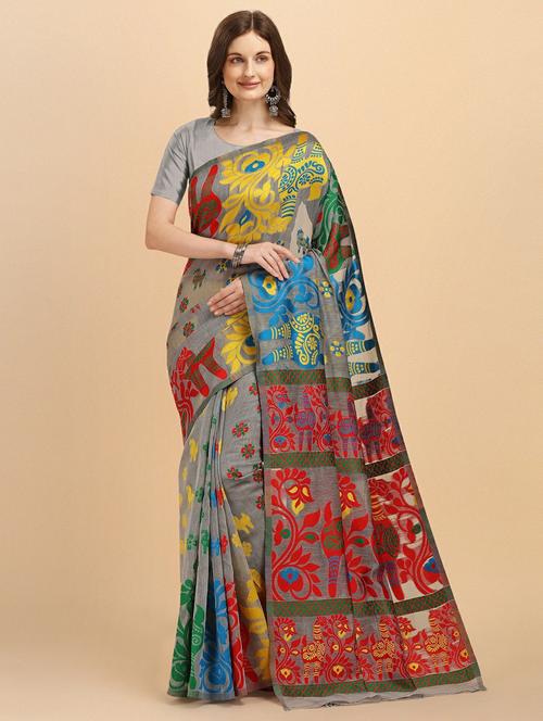 grey cotton silk banarasi saree with blouse - 19914873 - Very Small Image - 1