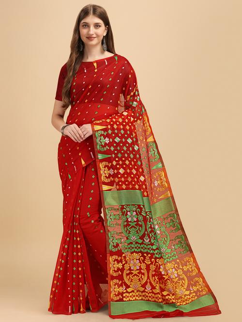 red cotton silk banarasi saree with blouse - 19914876 - Very Small Image - 1