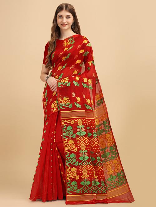red cotton silk banarasi saree with blouse - 19914878 - Very Small Image - 1