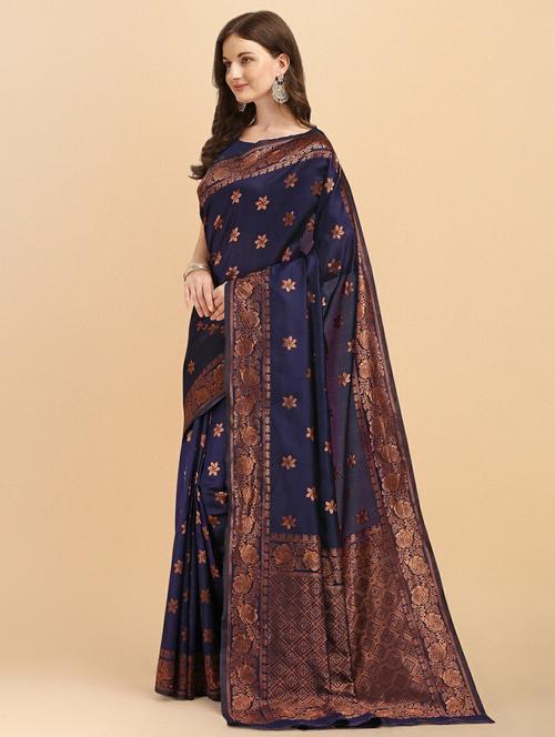 dark blue silk blend kanjivaram saree with blouse - 19914896 - Very Small Image - 1