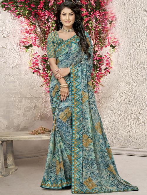 women's floral blue colored saree with blouse - 19915191 - Very Small Image - 1