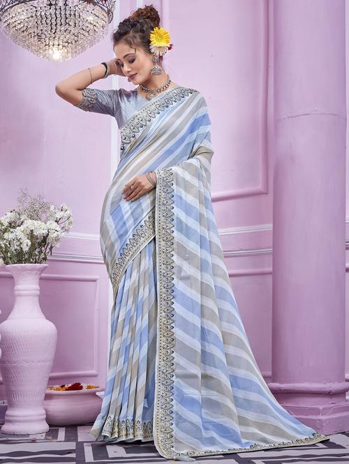 lace bordered printed saree with blouse - 19915202 - Very Small Image - 1