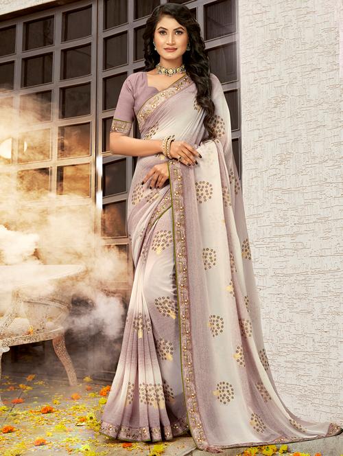 lace bordered printed saree with blouse - 19915212 - Very Small Image - 1