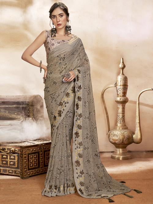 lace bordered printed saree with blouse - 19915220 - Very Small Image - 1