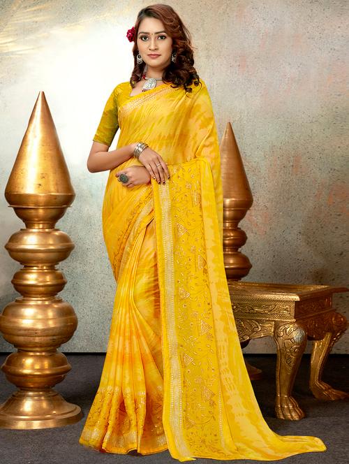 embroidered bordered printed saree with blouse - 19915249 - Very Small Image - 1