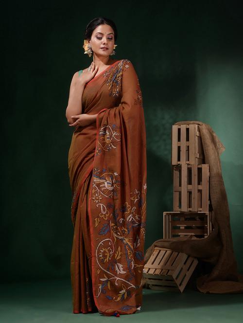 brown cotton saree - 19916934 - Very Small Image - 1