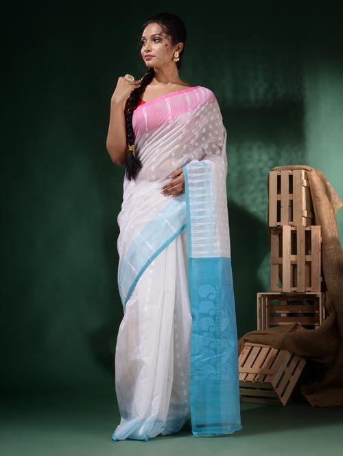 white cotton blend saree with blouse - 19917039 - Very Small Image - 1