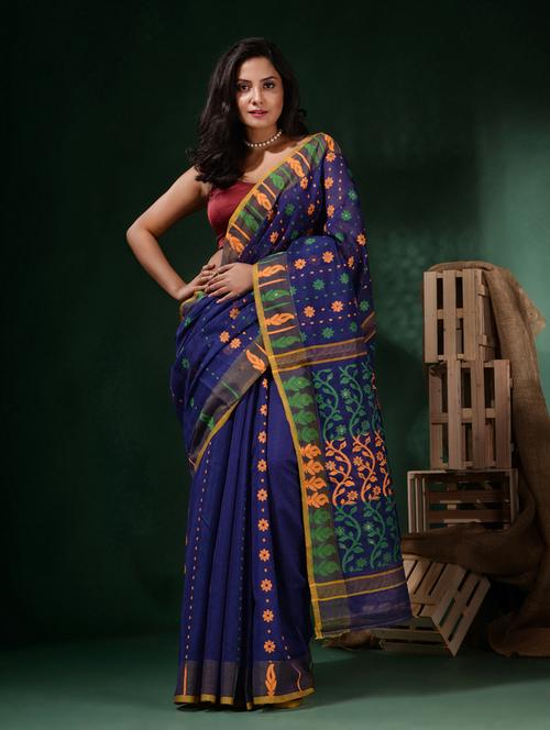 blue cotton blend saree - 19917041 - Very Small Image - 1