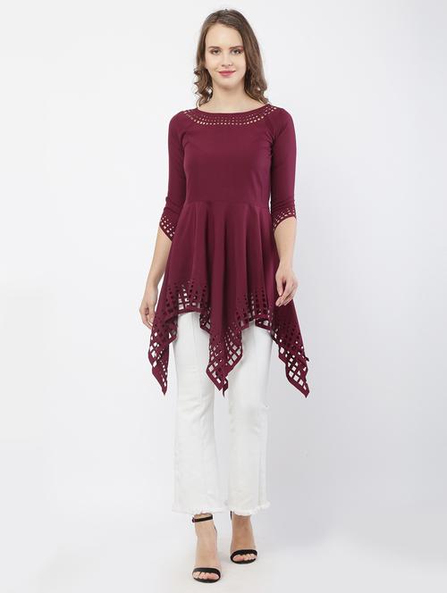 maroon solid boat neck asymmetric tunic - 19919464 - Very Small Image - 1
