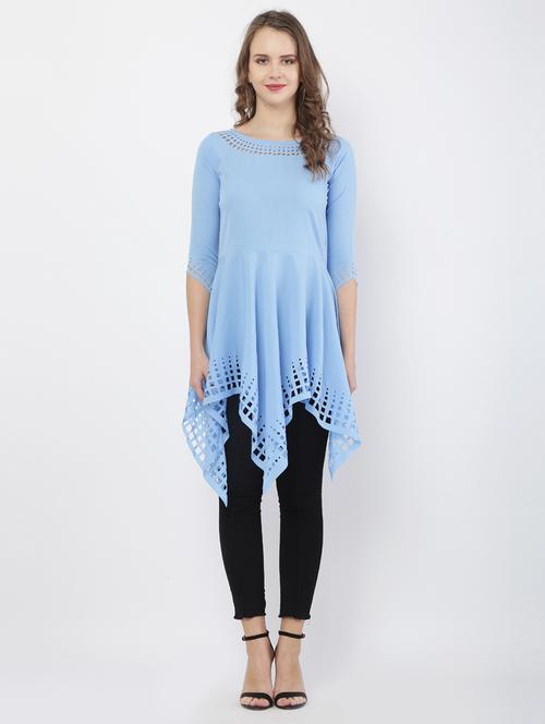 light blue solid boat neck asymmetric tunic - 19919465 - Very Small Image - 1