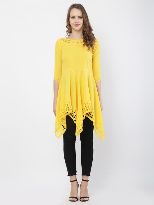 yellow solid boat neck asymmetric tunic - 19919466 - Very Small Image - 1