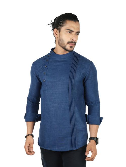 blue solid cotton short kurta - 19920182 - Very Small Image - 1