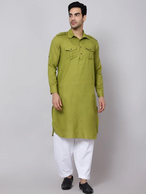 men solids shirt collar neck pathani kurtas - 19920195 - Very Small Image - 1