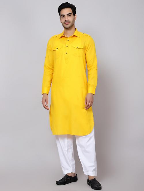 yellow solid cotton long kurta - 19920198 - Very Small Image - 1