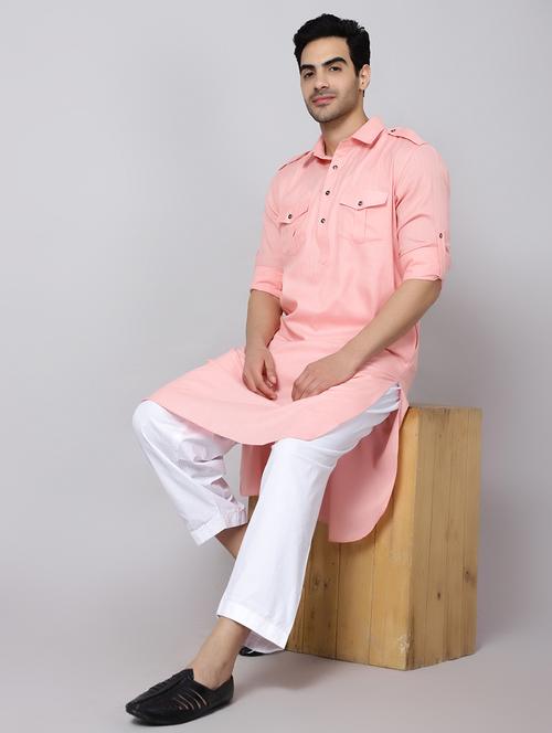 orange solid cotton kurta pyjama set - 19920215 - Very Small Image - 1