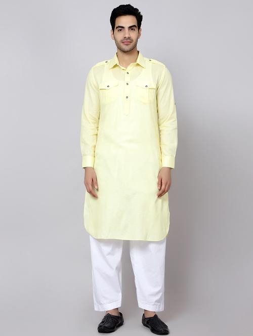 yellow solid cotton kurta pyjama set - 19920219 - Very Small Image - 1