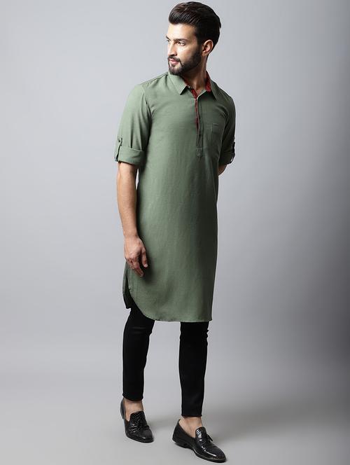 green solid linen long kurta - 19920715 - Very Small Image - 1