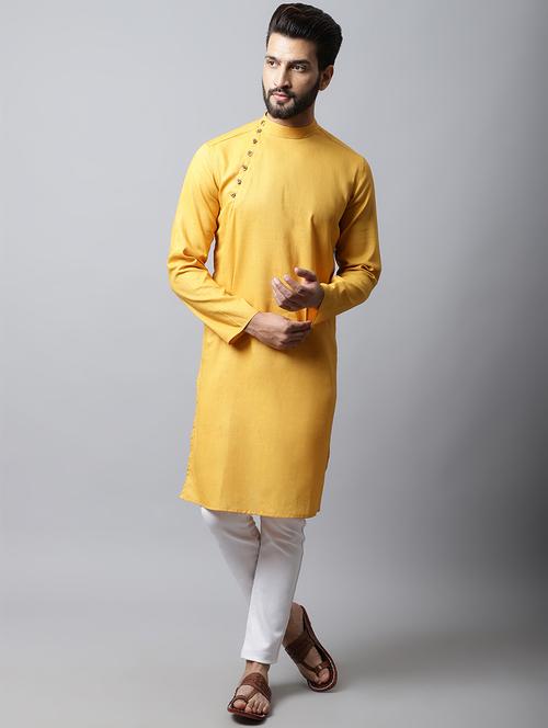 yellow solid cotton long kurta - 19920728 - Very Small Image - 1
