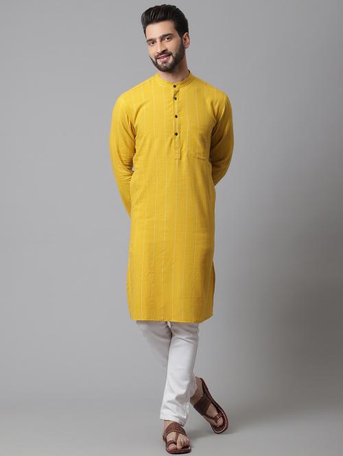 yellow self design cotton long kurta - 19920773 - Very Small Image - 1