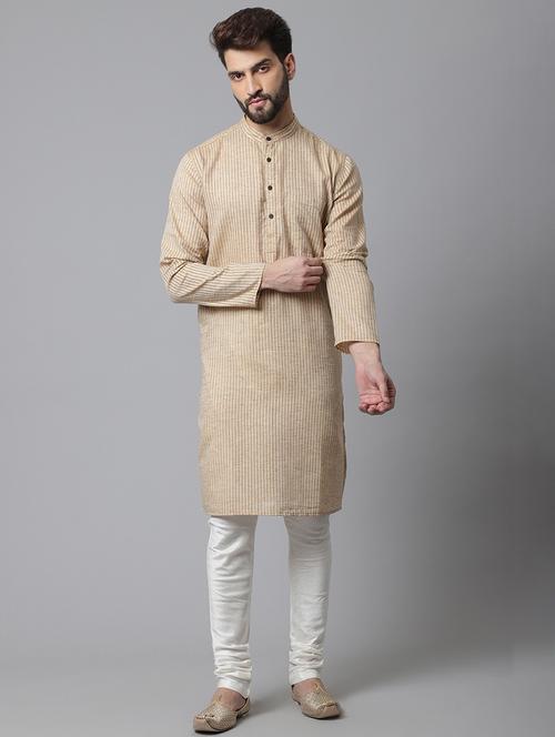 beige striped cotton long kurta - 19920774 - Very Small Image - 1