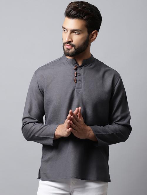 grey solid cotton short kurta - 19920785 - Very Small Image - 1