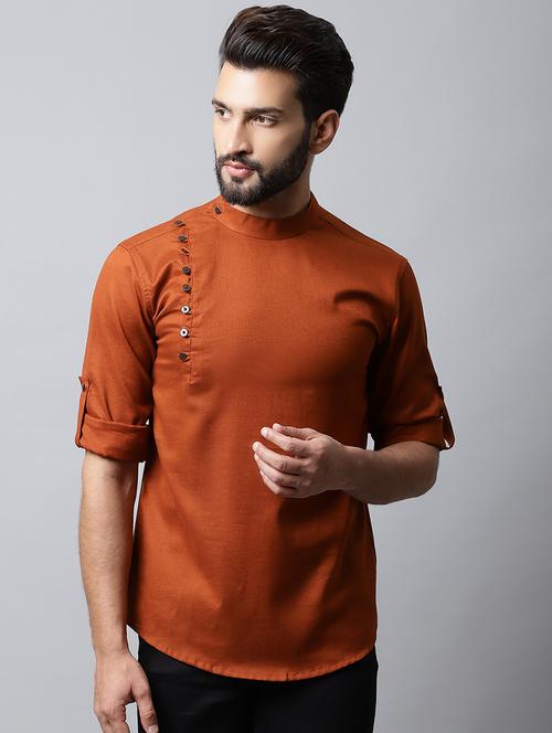 brown solid cotton short kurta - 19920796 - Very Small Image - 1