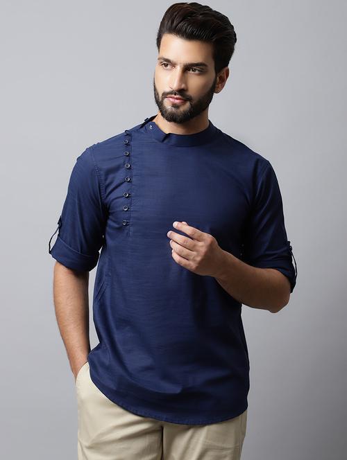 blue solid cotton short kurta - 19920797 - Very Small Image - 1