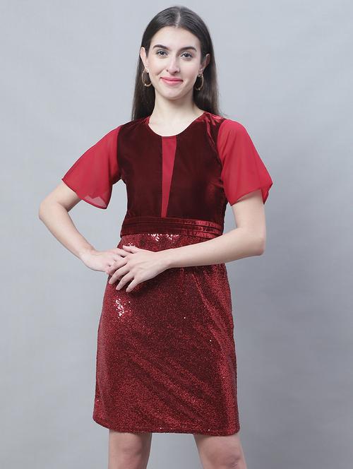 maroon self designed sequin bodycon dress - 19920835 - Very Small Image - 1
