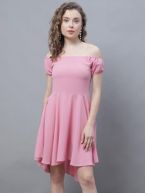 pink solid off-shoulder fit & flare dress - 19920838 - Very Small Image - 1