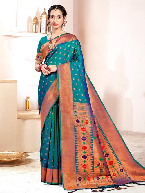 turquoise silk paithani saree - 19925307 - Very Small Image - 1