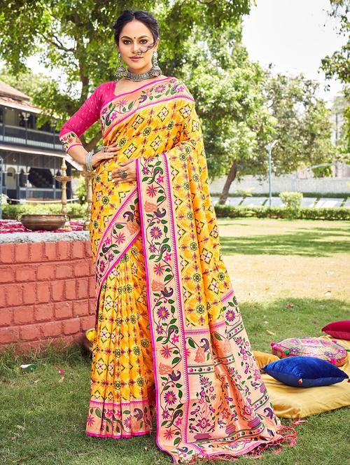 yellow silk paithani saree with blouse - 19925334 - Very Small Image - 1