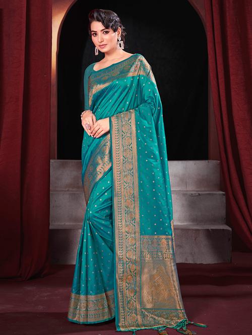 turquoise silk banarasi saree - 19925369 - Very Small Image - 1