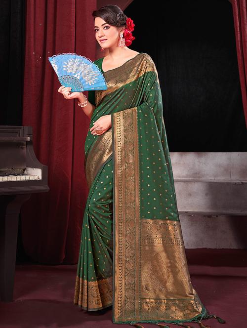 dark green silk banarasi saree - 19925373 - Very Small Image - 1