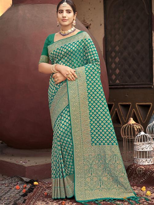 turquoise silk banarasi saree - 19925391 - Very Small Image - 1