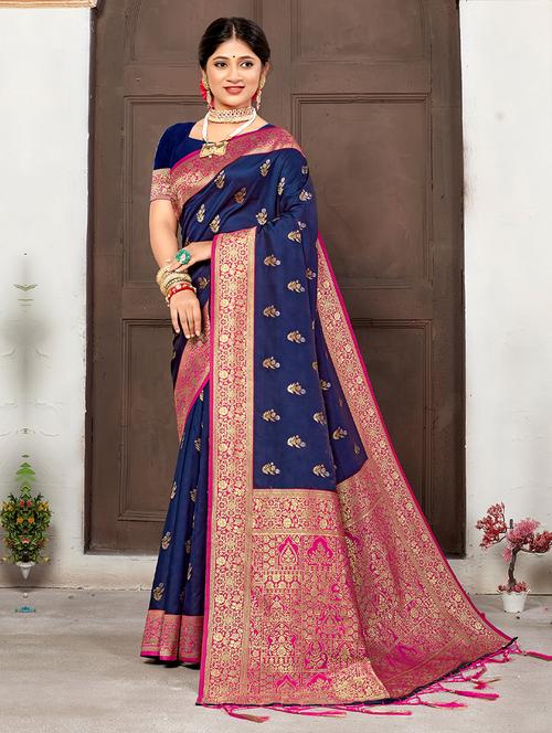 navy silk saree - 19925445 - Very Small Image - 1