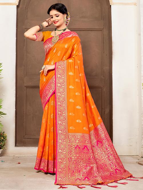 orange silk saree - 19925449 - Very Small Image - 1