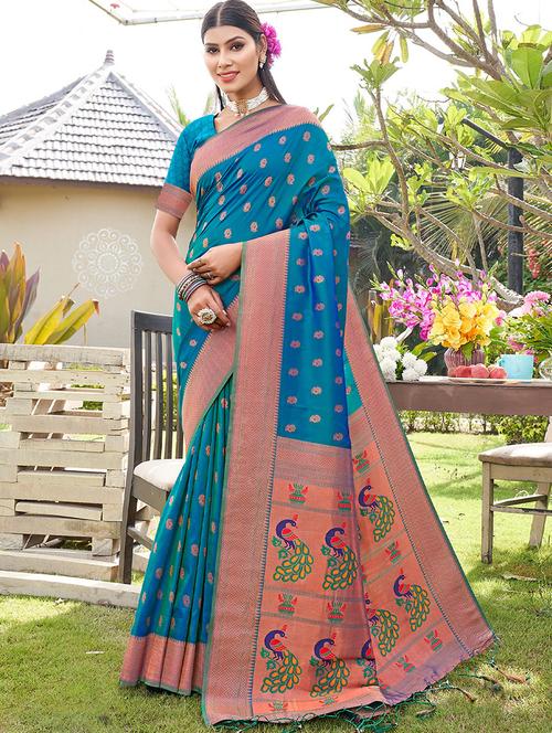 turquoise silk paithani saree - 19925536 - Very Small Image - 1