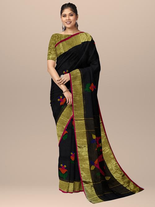 women's floral black colored saree with blouse - 19925768 - Very Small Image - 1