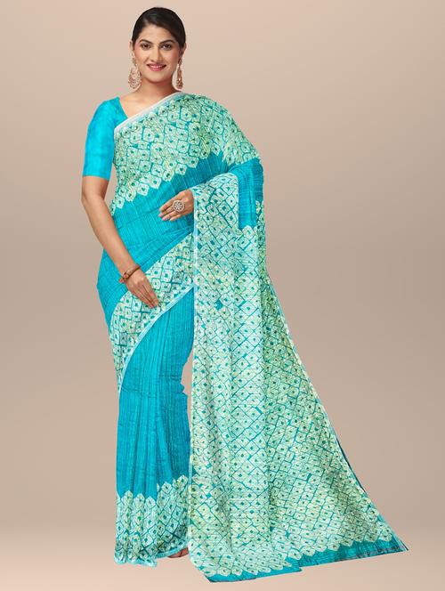 women's printed light blue colored saree with blouse - 19925973 - Very Small Image - 1