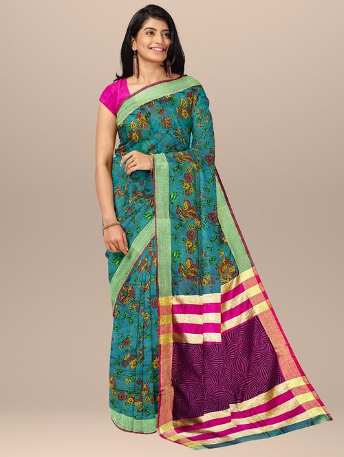 teal floral saree - 19926003 - Very Small Image - 1