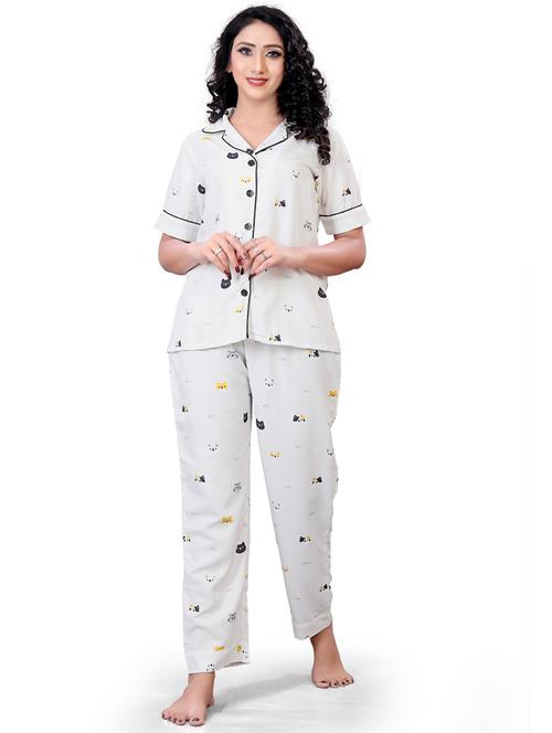white printed pyjama set nightwear - 19926297 - Very Small Image - 1