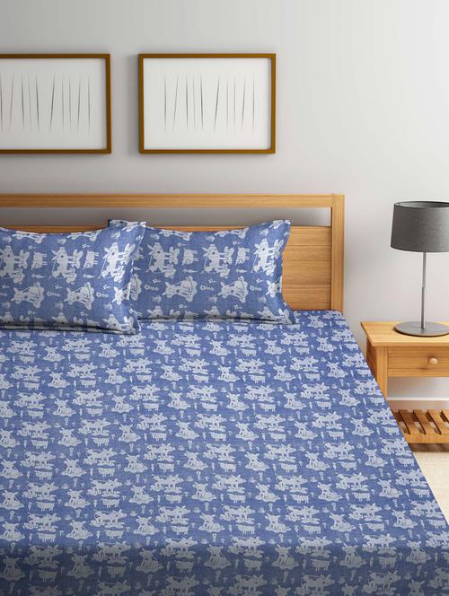 fabinaliv blue cartoon design 100% cotton handwoven king size double bedcover with 2 pillow covers - 19926966 - Very Small Image - 1