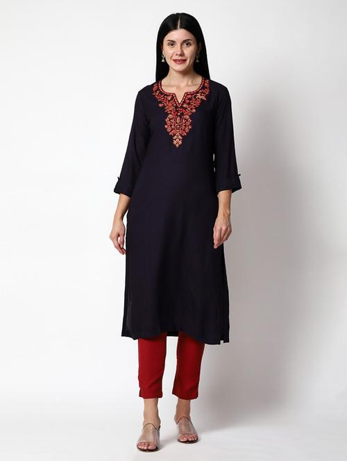 notch neck embroidered straight kurta - 19928182 - Very Small Image - 1