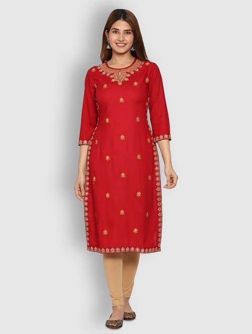 keyhole neck embroidered straight kurta - 19928235 - Very Small Image - 1