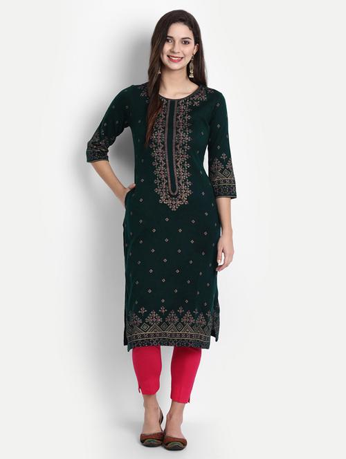 green printed woolen straight kurta - 19928327 - Very Small Image - 1