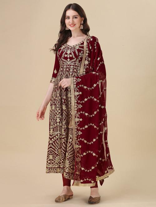 embroidered semi-stitched churidaar suits - 19937399 - Very Small Image - 1