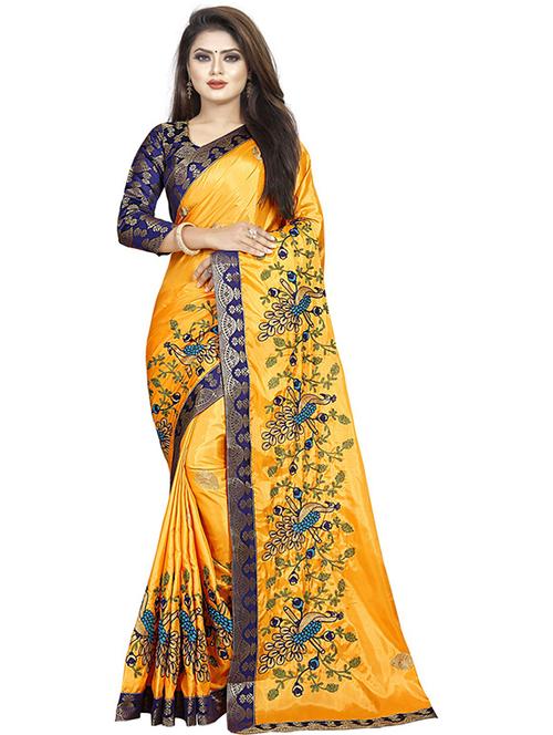 yellow silk blend printed saree with blouse - 19937516 - Very Small Image - 1