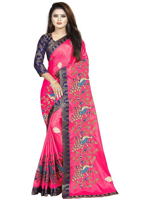 pink silk blend printed saree with blouse - 19937517 - Very Small Image - 1